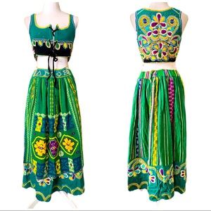 Vintage 50’s Portuguese Green Woven Embroidered Traditional Skirt Apron & Vest